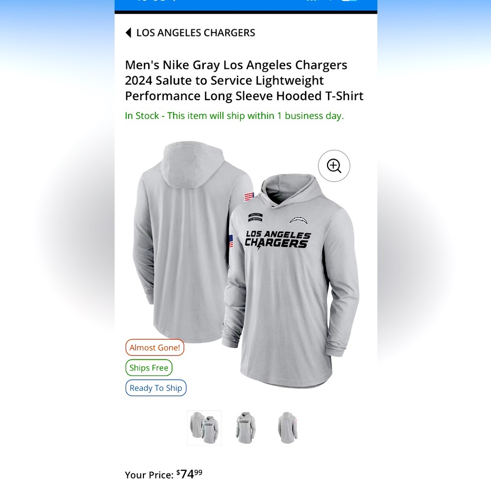 Men's Nike Gray LA Chargers Salute to Service Performance Hooded T-Shirt